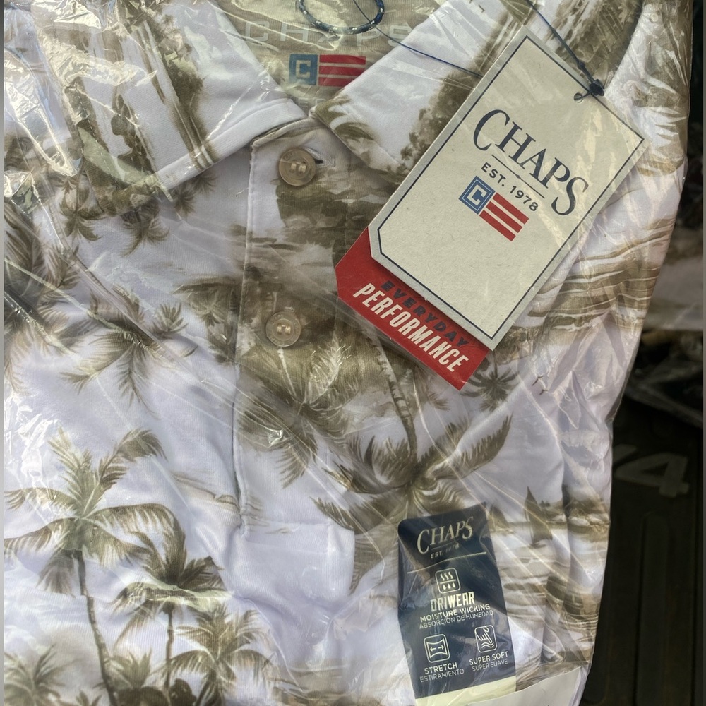 Chaps White Polo with Olive Palm Print